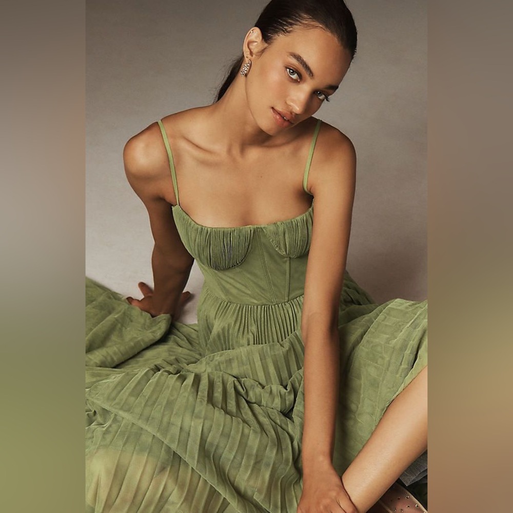 Hutch Green Pleated Midi Dress